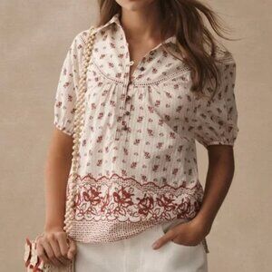 Anthropologie Pilcro Women’s Short Sleeve Popover Blouse Red/white XXS NWT